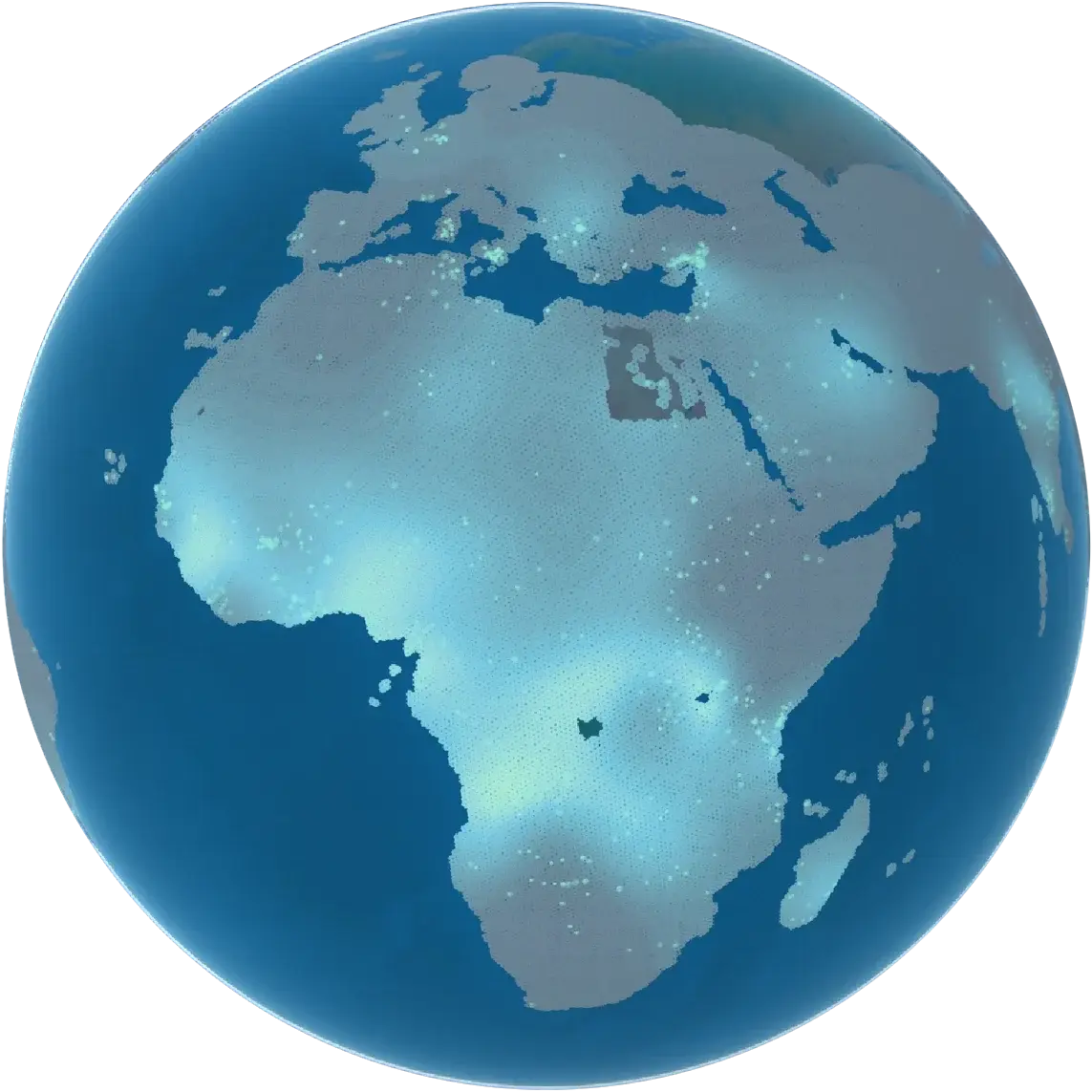 The genomeOS Atlas showing the sickle-cell variant HbS on a globe of Africa, Europe and western Asia: a teal surface, brightest across West, Central and East Africa.